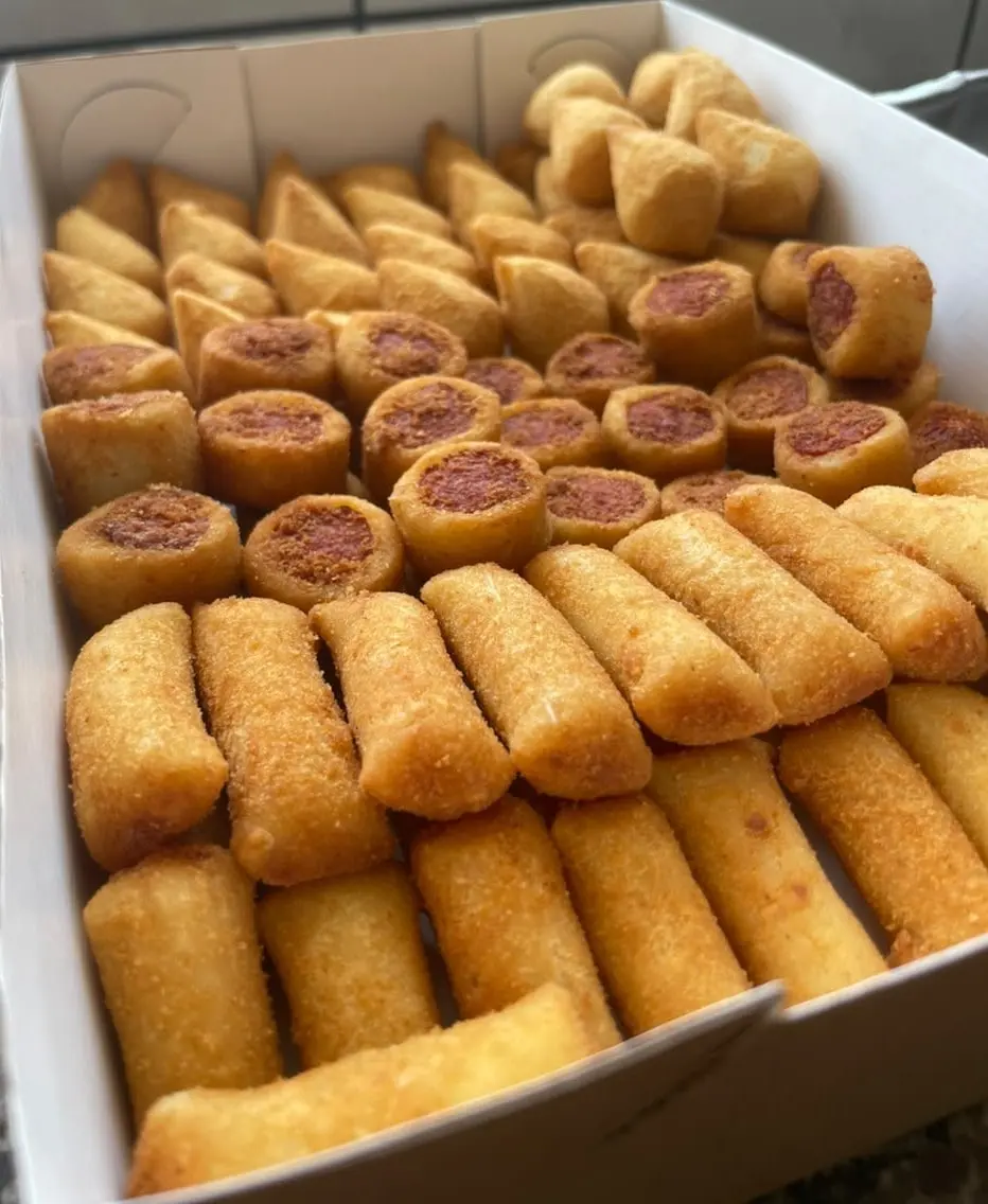 Caixa com enroladinhos e salgados fritos sortidos